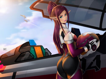 1girl armor ass blue_eyes blue_sky bodysuit canopy_(aircraft) cloud commentary contrail english_commentary esteban_barrientos fleet flying helmet highres holding holding_unworn_helmet lips looking_at_viewer looking_back macross macross_delta mirage_farina_jenius pilot_suit pointy_ears ponytail purple_hair science_fiction shoulder_armor signature sky space_helmet spacesuit sun sunlight unworn_helmet variable_fighter vf-31