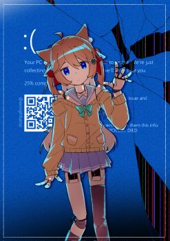 Rule 34 | 1girl, animal ears, aqua bow, aqua bowtie, black thighhighs, blue eyes, blue sailor collar, blue screen of death, blue skirt, bow, bowtie, brown hair, cardigan, cat ears, closed mouth, commentary, eenightlamp, english commentary, feet out of frame, fourth wall, hair ornament, hair ribbon, heart, heart hair ornament, highres, long hair, long sleeves, looking at viewer, mechanical arms, mechanical legs, neuro-sama, pleated skirt, red ribbon, ribbon, robot, sailor collar, single thighhigh, skirt, solo, thighhighs, two side up, vedal ai, virtual youtuber, yellow cardigan