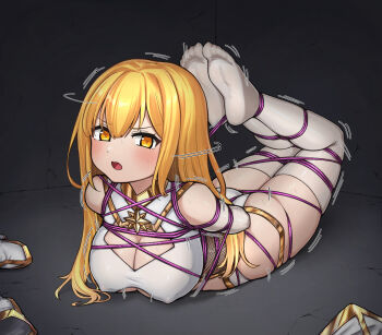 1girl arms_behind_back ass bdsm blonde_hair blush bondage bound bound_ankles bound_arms bound_legs bound_thighs bound_torso breasts character_request cleavage_cutout clothing_cutout commentary_request highres hogtie large_breasts long_hair lying mushi_(insect_3) no_shoes original panties purple_rope restrained rope shibari shibari_over_clothes soles solo struggling thighhighs underwear white_panties white_thighhighs yellow_eyes