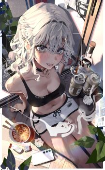 1girl absurdres alcohol beer bra breasts cleavage food hani_haya highres looking_at_viewer shorts smile tagme underwear wine