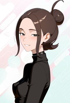 1girl absurdres black_eyes black_sweater breasts brown_hair hair_bun harmony_(pokemon) highres looking_at_viewer medium_breasts nintendo otokakoto pokemon pokemon_legends:_z-a short_hair single_hair_bun smile solo sweater upper_body