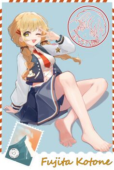 1girl :3 :d ;d absurdres animal_print arm_support asymmetrical_sidelocks barefoot blonde_hair blue_background blue_jacket blue_skirt border braid braided_twintails breasts brown_pupils brown_ribbon campus_mode!!_(idolmaster) cat_print character_name chibi chibi_inset closed_mouth collared_shirt crop_top cropped_jacket cropped_shirt dot_nose downwards_triangle_mouth feet fujita_kotone full_body gakuen_idolmaster hair_intakes hair_ornament hair_over_shoulder hair_ribbon hairclip hand_up highres idolmaster jacket kakyouin2002 knee_up leaning_back legs long_hair long_sleeves looking_at_viewer low_twin_braids medium_breasts midriff miniskirt navel necktie official_alternate_costume one_eye_closed open_clothes open_jacket open_mouth parallel_hairclips pleated_skirt postage_stamp print_jacket red_border red_necktie ribbon shirt sidelocks sitting skirt smile soles solo striped_border tareme toenails triangle_mouth twin_braids v v_over_head w w_over_eye white_border white_shirt yellow_eyes