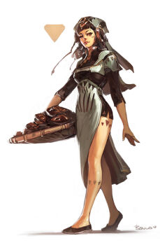 1girl armor basket ben_lo brown_hair brown_shirt brown_slippers facial_mark full_body hair_flowing_over headscarf holding holding_basket jewelry leg_markings long_hair looking_at_viewer mushroom original painterly pelvic_curtain ring shirt shoulder_armor side_slit simple_background slippers smile solo walking white_background
