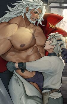 2boys abs absurdres alchemy_stars bara bare_pectorals beard biceps blush bulge closed_mouth commentary_request covered_testicles erection erection_under_clothes facial_hair gram_(alchemy_stars) highres licking licking_nipple long_hair looking_at_another male_focus multiple_boys muscular muscular_male navigator_(alchemy_stars) nipple_stimulation nipples o2h_(oblivionh) pectorals scar scar_on_chest undressing white_hair yaoi