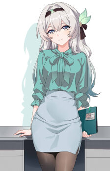 1girl absurdres black_hairband blush closed_mouth firefly_(honkai:_star_rail) grey_hair hair_between_eyes hairband highres honkai:_star_rail honkai_(series) long_hair looking_at_viewer maxwelzy multicolored_eyes office_lady shirt smile solo