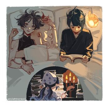 1girl 3boys artist_name asymmetrical_bangs back black_hair black_kimono black_shirt blanket blue_hair blunt_ends book book_stack border bright_pupils brown_eyes candelabra candlestand closed_mouth doll_joints elf enilehtnorevol eyeliner from_above genshin_impact gradient_hair hair_ornament hand_on_another&#039;s_head hat head_on_another&#039;s_shoulder holding holding_quill hug japanese_clothes joints kaedehara_kazuha kimono layla_(genshin_impact) looking_at_viewer low_twintails lying makeup mandarin_collar multicolored_hair multiple_boys multiple_views night on_back on_bed pajamas parted_bangs parted_lips pillow pointy_ears purple_eyes quill reading red_eyeliner red_streaks scaramouche_(genshin_impact) seelie_(genshin_impact) shirt short_hair sidelighting single_hair_streak sleeveless sleeveless_shirt star_(symbol) star_hair_ornament star_print t-shirt twintails under_covers wanderer_(genshin_impact) white_border white_hair white_pajamas white_pupils white_shirt wizard_hat wolf_cut writing xingqiu_(genshin_impact) yaoi