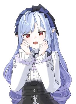 1girl :d absurdres ahoge ascot black_bow black_skirt blue_bow blue_hair blush bow center_frills clenched_hands commentary drill_hair eyebrows_hidden_by_hair eyelashes fang frilled_shirt frilled_sleeves frills hair_bow hands_up high-waist_skirt highres long_hair long_sleeves mole mole_under_eye multicolored_hair open_mouth pointy_ears purple_ascot red_eyes shirt sidelocks simple_background skirt smile solo streaked_hair sueoki_makura tsurime upper_body very_long_hair vivian_banshee white_background white_hair white_shirt wide_sleeves zenless_zone_zero