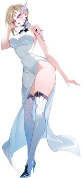 1girl breasts cyborg dress full_body glowing glowing_eyes grin hachiya_anna hand_in_own_hair joints kwata_kuwa large_breasts lilith-soft looking_at_viewer neon_lights no_panties purple_eyes shiny_skin smile solo standing taimanin_(series) taimanin_rpgx transparent_background white_dress wide_hips