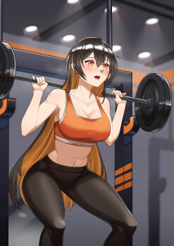 1girl absurdres barbell black_hair black_pants blush borrowed_character bra breasts ceiling_light clearvoyancekun cleavage commission cryptocurrency exercising feet_out_of_frame highres indoors large_breasts long_hair midriff monero-chan multicolored_hair navel open_mouth orange_bra orange_eyes orange_hair original pants second-party_source solo sports_bra sweat two-tone_hair underwear very_long_hair weightlifting yoga_pants