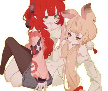 2girls animal_ears blonde_hair braid breasts cardigan green_eyes hair_ornament highres long_hair looking_at_viewer multiple_girls rabbit_ears rabbit_girl red_hair siomimi smile sphere_hair_ornament thigh_strap twin_braids twintails ukinami_yuzuha very_long_hair zenless_zone_zero