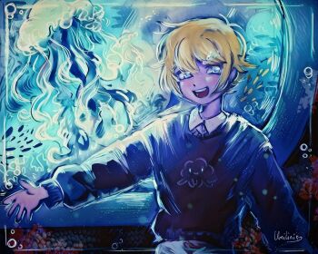 1boy alternate_costume antenna_hair artist_name basil_(faraway)_(omori) basil_(omori) black_sweater blonde_hair blue_eyes blush collared_shirt fish_hair_ornament hair_ornament indoors jellyfish long_sleeves looking_at_viewer male_focus omori open_mouth shirt shirt_under_sweater short_hair sidelocks smile solo sweater teeth tongue umilini2 upper_body upper_teeth_only white_shirt