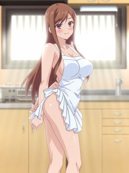 1girl anime_screenshot apron arms_behind_back ass ayane_shirakawa bare_shoulders blush breasts brown_eyes brown_hair collarbone day highres kitchen large_breasts legs long_hair looking_at_viewer naked_apron no_bra no_panties overflow_(anime) sideboob solo standing stitched thighs third-party_edit white_apron