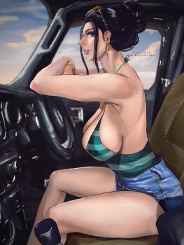 1girl black_hair blue_eyes breasts car_interior commentary earrings eyelashes eyewear_on_head gear_shift hair_bun highres instagram_username jewelry large_breasts mixed-language_commentary nico_robin one_piece pink_lips profile shorts sideboob sidelocks smile solo steering_wheel stupidtako sunset