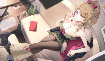 1girl black_jacket black_shoes blonde_hair book bow breasts brown_pantyhose cleavage closed_mouth collarbone commentary english_commentary fingernails fishnet_pantyhose fishnets from_below full_body grey_leg_warmers hair_bow heart heartsync holding_cherry huge_breasts jacket jewelry leg_warmers leonardo_566 mole mole_on_breast mole_under_mouth multicolored_hair multiple_rings nail_polish necklace pantyhose pink_hair purple_eyes red_nails ring second-party_source shoes siena_olena sitting smile solo star_(symbol) star_necklace streaked_hair virtual_youtuber