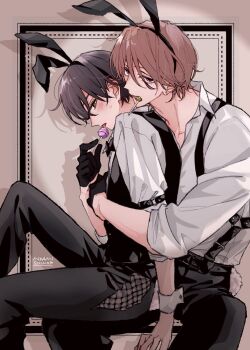 2boys animal_ears arm_strap artist_name black_bow black_bowtie black_gloves black_hair black_pants black_vest bow bowtie brown_hair candy character_request collared_shirt commentary_request dress_shirt drop_shadow earrings fake_animal_ears food food_in_mouth gloves highres hug hug_from_behind jewelry lollipop mikamishino multiple_boys o-ring o-ring_arm_strap pants partially_unbuttoned pink_eyes pittosporum rabbit_boy rabbit_ears rabbit_tail shirt sleeves_rolled_up straddling striped_blush sweat tail thigh_straddling vest waistcoat white_background white_wrist_cuffs wrist_cuffs yaoi yellow_eyes