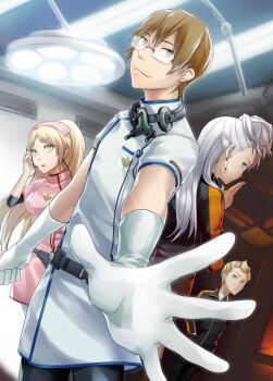 2boys 2girls black_jacket black_pants blonde_hair blue_shirt brown_eyes chou_shittou_caduceus doctor earrings elbow_gloves facing_away facing_to_the_side fingers_to_mouth front_ponytail glasses gloves green_eyes grey_eyes grey_hair hand_to_headset hands_in_pockets hat headset jacket jewelry light_brown_hair looking_at_another looking_at_viewer medical_scrubs mira_kimishima multiple_boys multiple_girls nurse nurse_cap operating_table pants pink_shirt roirne_(satoaloa) shirt sight_magnifier table tonegawa_anju tsukimori_kousuke