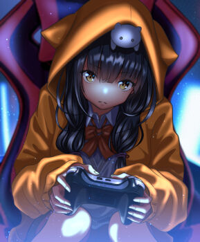 1girl absurdres animal animal_ear_hood animal_ears animal_on_head asakura_karen_(heaven_burns_red) aura black_hair blunt_bangs bow bowtie cat cat_ears cat_on_head closed_mouth collared_shirt commentary controller cowboy_shot dark_aura demon_horns expressionless eyelashes eyes_visible_through_hair fake_animal_ears game_controller gamepad hair_between_eyes heaven_burns_red highres holding holding_controller holding_game_controller hood hood_up hoodie horns kepekki_kanojo leaning_forward light_particles long_hair looking_at_viewer low_twintails on_head open_clothes open_hoodie orange_hoodie red_bow red_bowtie shirt sitting sleeves_past_wrists solo split_mouth twintails white_shirt yellow_eyes