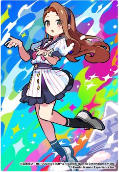 1girl brown_hair buttons child english_text forehead hairband idolmaster idolmaster_tours japanese_text kurumitsu minase_iori official_art puffy_sleeves red_eyes sailor_collar solo