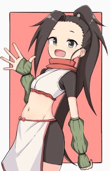 1girl arm_at_side bike_shorts black_eyes black_hair black_shirt black_shorts cowboy_shot cropped_kimono cropped_shirt female_focus fingerless_gloves flat_chest forehead gloves green_gloves hand_up japanese_clothes kimono kosode kunoichi_tsubaki_no_mune_no_uchi loincloth long_hair looking_at_viewer matching_hair/eyes midriff navel open_mouth petite ponytail red_background red_scarf scarf shirt short_sleeves shorts sleeveless sleeveless_kimono smile solo standing tanuki_noyama tsubaki_(kunoichi_tsubaki_no_mune_no_uchi) two-tone_background white_background white_kimono white_loincloth