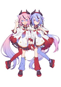 2others :&lt; :d a.i._voice absurdres ankleband asymmetrical_legwear bare_shoulders belt beret black_dress black_horns black_shorts black_streaks blue_eyes blue_hair blue_leg_warmers blue_nails blue_pantyhose buttons closed_mouth collar contrast_collar double-breasted double-parted_bangs dress fang flower frilled_shorts frills full_body gradient_hair gradient_necktie gynoid_talk hand_up hat headset highres horned_hat horns layered_dress leg_warmers long_hair low_ponytail low_twintails meika_hime meika_mikoto miwasiba multicolored_hair multicolored_nails multiple_others nail_polish necktie off-shoulder_dress off_shoulder official_art open_mouth pantyhose pigeon-toed pink_eyes pink_hair platform_shoes pleated_dress plum_blossoms ponytail puffy_sleeves red_collar red_hat red_leg_warmers red_nails red_necktie red_pantyhose red_ribbon ribbon sailor_collar second-party_source shoes short_eyebrows shorts shorts_under_dress sidelocks single_leg_pantyhose single_leg_warmer smile standing standing_on_one_leg streaked_hair teeth thick_eyebrows thigh_belt thigh_strap three-quarter_sleeves transparent_background twintails two-sided_dress two-sided_fabric upper_teeth_only very_long_hair white_dress wrist_ribbon