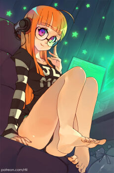 10s 1girl ahoge barefoot computer female_focus glasses headphones highres long_hair long_sleeves looking_at_viewer orange_hair panties pantyshot persona persona_5 purple_eyes rtil sakura_futaba shirt short_shorts shorts sitting smile solo trash underwear