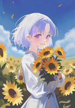 1girl absurdres ayatsuno_yuni blue_sky blush bouquet cloud cloudy_sky commentary_request cross-shaped_pupils dress field flower flower_field highres holding holding_bouquet korean_commentary long_sleeves looking_at_viewer nbee_ya petals purple_eyes short_hair sky smile solo stellive sunflower sunflower_field symbol-shaped_pupils teeth upper_body virtual_youtuber white_dress white_hair yellow_petals