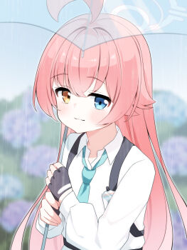 1girl :3 absurdres abydos_high_school_swimsuit ahoge aqua_necktie black_gloves blue_archive blue_eyes blue_flower blue_sky blush chest_strap collarbone collared_shirt commentary_request crossed_bangs fingerless_gloves flower from_side gloves hair_between_eyes hair_flaps halo heterochromia highres holding holding_umbrella hoshino_(blue_archive) huge_ahoge hydrangea id_card long_hair long_sleeves looking_at_viewer loose_necktie necktie orange_eyes outdoors petako_(ptpt_k) pink_hair pink_halo purple_flower rain shirt sidelocks sky solo transparent transparent_umbrella umbrella upper_body very_long_hair white_shirt