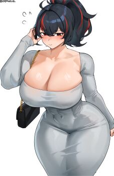 Rule 34 | 1girl, absurdres, alternate costume, black bag, black hair, breasts, cleavage, collarbone, commentary, cromwellb, dongtan dress, dress, grey dress, highres, large breasts, long sleeves, looking at viewer, multicolored hair, ponytail, red eyes, red hair, simple background, solo, twitter username, two-tone hair, white background, zenless zone zero, zhu yuan