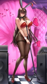 1girl animal_ears bare_legs between_breasts black_pantyhose bow bowtie breasts brown_hair cleavage clothing_cutout collar curvy high_heels highres large_breasts microphone navel navel_cutout original pantyhose playboy_bunny rabbit_ears ranhatu red_eyes red_footwear skin_tight skindentation solo speaker stage thick_thighs thighband_pantyhose thighs