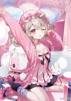 1girl ;o arm_up balloon bandages black_shorts bow breasts brown_hair cleavage collarbone commentary_request copyright_request dress hair_ornament hairclip hand_up hat heart_balloon jacket long_hair long_sleeves looking_at_viewer mob_cap momoshiki_tsubaki official_art one_eye_closed open_clothes open_jacket parted_lips pink_bow pink_dress pink_hat pink_jacket puffy_long_sleeves puffy_sleeves purple_eyes sample_watermark short_eyebrows shorts sitting sleeves_past_wrists small_breasts socks solo stretching striped_clothes striped_socks stuffed_animal stuffed_rabbit stuffed_toy thick_eyebrows twintails virtual_youtuber wariza watermark x_hair_ornament