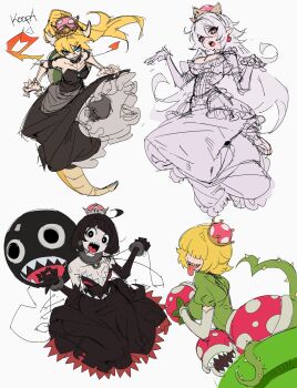 Rule 34 | 4girls, 672000each, absurdres, black dress, black hair, blonde hair, blue eyes, bowsette, breasts, commentary request, dress, faceless, faceless female, frilled dress, frills, ghost girl, green dress, hair over eyes, hands up, high ponytail, highres, horns, juliet sleeves, korean commentary, lizard tail, long hair, long sleeves, mario (series), medium breasts, multiple girls, nintendo, open mouth, personification, pink eyes, pointy ears, ponytail, princess chain chomp, princess king boo, princess piranha plant, puffy sleeves, reptile girl, sharp teeth, short hair, simple background, sketch, super crown, tail, teeth, tongue, tongue out, white background, white dress, white hair