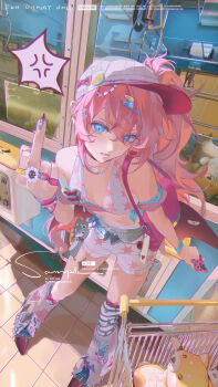 1girl absurdres anger_vein angry animal_charm bag bandaid_on_wing bare_shoulders baseball_cap belt bikini bikini_top_only black_wings blue_eyes bow bracelet breasts cellphone charm_(object) cleavage commission crane_game crossed_bangs fang fingernails grey_belt hair_between_eyes hair_ornament hairclip handbag hat hat_bow highres holding holding_phone jewelry leaning_forward leg_warmers long_fingernails long_hair low_wings medium_breasts middle_finger mihuashi_commission multicolored_nails multiple_rings nail_art nail_polish one_side_up original phone pink_bow pointy_shoes print_bikini print_shorts purple_bag red_nails ring sample_watermark sharp_fingernails shoes shopping_cart shorts shoulder_bag smartphone solo spiked_shoes spikes spoken_anger_vein standing star_(symbol) star_print striped_leg_warmers stuffed_animal stuffed_dog stuffed_toy swimsuit tanling tile_floor tiles very_long_hair wallet_chain watermark white_bikini white_hat white_nails white_shorts wings wristband yellow_nails