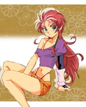 1girl angry arm_warmers blue_eyes blush bra bra_strap breasts brown_background choujuu_kishin_dancouga dancouga_(series) floral_background highleg highleg_panties long_hair looking_at_viewer midriff multicolored_hair navel off-shoulder_shirt off_shoulder onnaski orange_shorts panties pink_hair puffy_sleeves purple_shirt red_bra red_hair red_panties shirt short_shorts short_sleeves shorts single_arm_warmer sitting small_breasts streaked_hair underwear yuki_sara