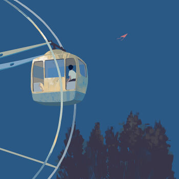 1boy bangqiao_yan black_hair black_shorts blue_sky clear_sky ferris_wheel full_body original paper_airplane scenery shirt short_hair shorts sky solo t-shirt tree white_shirt