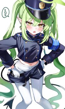 1girl ? absurdres armband belt black_belt black_jacket black_shirt black_shorts black_tail blue_archive blue_armband buttoned_cuffs buttons clothes_pull commentary demon_girl demon_tail earrings fang feet_out_of_frame gloves green_hair green_halo gun hair_between_eyes halo hand_on_own_hip handgun hat highres holster holstered jacket jewelry loli long_hair long_sleeves looking_at_viewer navel nozomi_(blue_archive) open_mouth pantyhose pantyhose_under_shorts peaked_cap pistol pointy_ears pulling_own_clothes sak_(lemondisk) shirt shorts shorts_pull simple_background skin_fang sleeve_cuffs solo spoken_question_mark standing sweatdrop symbol-only_commentary tail twintails very_long_hair weapon whistle white_background white_gloves white_pantyhose yellow_eyes
