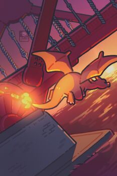 Rule 34 | bridge, charizard, commentary, dragon, drawbridge, english commentary, fire, flame-tipped tail, flying, gen 1 pokemon, highres, nintendo, no humans, outdoors, petite echorizon, pokemon, pokemon (creature), sunset, tail, water