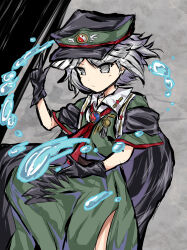 Rule 34 | 1other, absurdres, androgynous, black cape, black gloves, black hat, cape, closed mouth, collared shirt, commentary request, cowboy shot, dress, fujiwara no shirogane no sanra, gloves, green dress, grey eyes, grey hair, hand up, hat, highres, len&#039;en, neck ribbon, other focus, peaked cap, red ribbon, red trim, ribbon, shirt, short hair, short sleeves, solo, tokiame (style), torenn, white shirt, yin yang