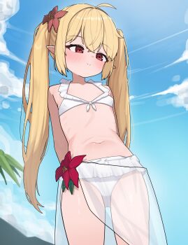 1girl absurdres ahoge arms_behind_back bikini blue_sky blush closed_mouth commission cowboy_shot day flower frilled_bikini frills h.pn hair_flower hair_ornament highres loli navel original pointy_ears red_eyes red_flower second-party_source sky smile solo swimsuit twintails white_bikini