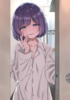 1girl absurdres alternate_costume blush borrowed_clothes button_gap collarbone commentary_request dress_shirt gakuen_idolmaster hataya_misuzu highres idolmaster indoors looking_at_viewer mole mole_under_mouth open_collar open_door oversized_clothes oversized_shirt purple_eyes purple_hair shignonpencil shirt short_hair smile solo white_shirt
