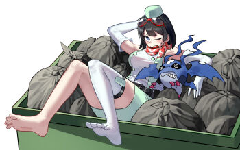10_09hwan 1girl @_@ absurdres armpits bare_shoulders black_hair blush breasts digimon digimon_(creature) digimon_story:_time_stranger dress elbow_gloves gloves goggles goggles_on_head green_dress green_hat hat highres large_breasts one_eye_closed open_mouth picodevimon red_scarf scarf short_hair simple_background single_thighhigh thighhighs trash_bag trash_can two-tone_dress white_background white_dress white_gloves yuuki_kanan