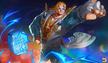 1boy belt belt_buckle blonde_hair blue_background buckle cape commentary cowboy_shot disco fingerless_gloves gloves grin hammer hand_on_own_hip hand_up highres index_finger_raised izeumane_s jewelry lightning lightning_bolt_necklace lightning_bolt_symbol long_hair male_focus marvel marvel_rivals mjolnir_(marvel) muscular muscular_male necklace official_alternate_costume pants plunging_neckline purple-tinted_eyewear rainbow red_cape red_shirt ring shirt single_glove smile solo sunglasses thor_(boogie_bolt)_(marvel) thor_(marvel) thor_(marvel)_(series) tinted_eyewear two-sided_cape two-sided_fabric white-framed_eyewear white_cape white_gloves white_pants