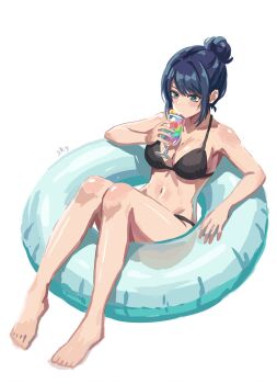 1girl artist_name barefoot bikini black_bikini blue_eyes blue_hair breasts cleavage drinking_straw feet full_body hair_bun highres innertube kurokawa_akane medium_breasts navel official_alternate_costume official_alternate_hairstyle oshi_no_ko simple_background sky_(thelowsky) solo swim_ring swimsuit toes white_background