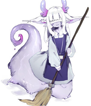 1girl animal_ears apron bandages bandages_over_eyes blue_apron blue_dress body_fur broom commentary_request dress full_body furry furry_female holding holding_broom kaganoi_(nemi_ze) long_hair original purple_fur simple_background slime_(substance) solo white_background white_hair