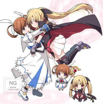 2girls :d ankle_boots arm_belt armored_boots bardiche_(nanoha) belt black_cape black_gloves black_leotard black_ribbon black_socks black_thighhighs blonde_hair boots brown_hair cape chibi chibi_inset closed_mouth commentary_request cropped_jacket dress fate_testarossa fingerless_gloves full_body gloves grey_boots hair_ribbon highres holding holding_staff hug jacket juliet_sleeves kuma_x_kuma leotard long_dress long_hair long_sleeves looking_at_another lyrical_nanoha mahou_shoujo_lyrical_nanoha medium_hair multiple_girls open_clothes open_jacket open_mouth puffy_sleeves purple_eyes raising_heart red_belt red_eyes ribbon shoes skirt smile socks staff standing takamachi_nanoha thighhighs twintails two-sided_cape two-sided_fabric very_long_hair watermark white_dress white_jacket white_ribbon white_shoes white_skirt