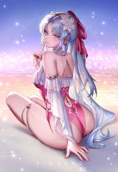 1girl artist_name ass back_cutout bare_legs bare_shoulders bow breasts carlotta_(splashing_summer)_(wuthering_waves) carlotta_(wuthering_waves) casual_one-piece_swimsuit closed_mouth clothing_cutout commentary english_commentary finger_to_face fingernails flower frilled_one-piece_swimsuit frills from_behind gold_hairband hair_bow hair_flower hair_ornament hairband highres index_finger_raised legs long_fingernails long_hair looking_at_viewer looking_back medium_breasts ocean official_alternate_costume one-piece_swimsuit paid_reward_available parted_bangs pink_bow pink_one-piece_swimsuit ringeko-chan shore sitting smile solo striped_bow swimsuit tacet_mark_(wuthering_waves) thighs very_long_hair white_eyes white_flower white_hair wuthering_waves