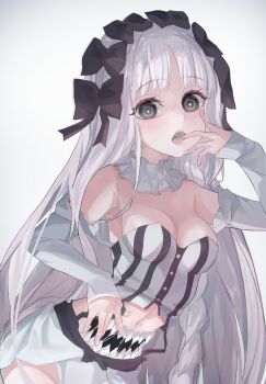 1girl absurdres bare_shoulders black_bow black_eyes blush bow braid breasts cleavage collar colored_inner_hair commentary_request detached_sleeves dress fate/strange_fake fate_(series) francesca_prelati_(fate) frilled_collar frills grey_hair hair_bow highres long_hair looking_at_viewer medium_breasts multicolored_hair open_mouth panties parted_bangs ringed_eyes sidelocks solo stomach_mouth striped_clothes striped_dress teeth underwear very_long_hair white_dress white_hair white_panties zasyuu_11