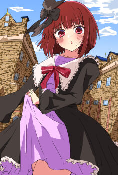 1girl absurdres arima_kana black_bow black_coat black_hat bob_cut bow building coat commentary_request day dress hair_bow hat highres inverted_bob looking_at_viewer medium_hair open_mouth oshi_no_ko outdoors purple_dress red_eyes red_hair red_ribbon ribbon skirt_hold sky solo urishima