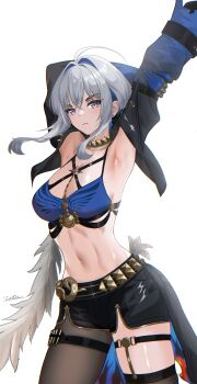 1girl absurdres ahoge armpits arms_up black_jacket black_pantyhose black_shorts blue_bra blue_nails bra breasts closed_mouth commentary cropped_jacket earrings feathered_wings galbrena_(wuthering_waves) gold_choker grey_hair hair_intakes highres jacket jewelry looking_at_viewer medium_breasts mole mole_on_neck navel pantyhose purple_eyes shorts sidelocks signature simple_background single_leg_pantyhose single_wing solo stomach thigh_strap thighs underwear utim very_long_fingernails white_background wings wuthering_waves