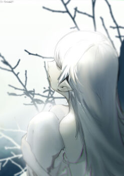 Rule 34 | 1girl, absurdres, bare arms, bare legs, bare tree, black background, blurry, chromatic aberration, closed mouth, commentary, depth of field, dress, english commentary, feet out of frame, from above, from behind, from side, gradient background, hair over eyes, highres, hugging own legs, knees to chest, long hair, looking ahead, monogatari (series), oshino shinobu, pointy ears, shishirui san, sidelocks, signature, sitting, sleeveless, sleeveless dress, solo, strap slip, tree, very long hair, white background, white hair