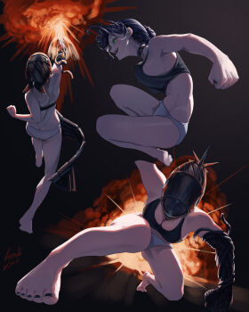 1girl 95hoody absurdres battle black_choker black_gloves black_hair black_nails black_tank_top bomb_devil_(chainsaw_man) breasts butt_crack chainsaw_man choker cleavage crop_top elbow_gloves explosion gloves green_eyes grey_pants hair_bun highres medium_breasts multiple_views nail_polish object_head open_mouth pants punching reze_(chainsaw_man) tank_top toenail_polish toenails